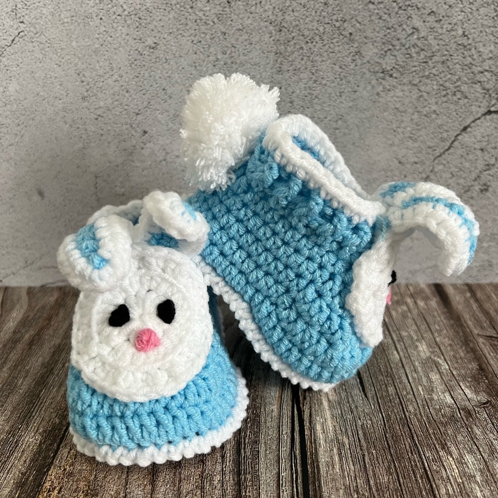 Adorable Blue and White Bunny Baby Booties
